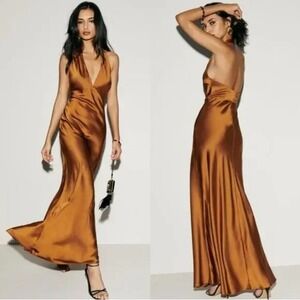NEW NWT Reformation Daniela Silk Dress Copper Halter Maxi Dress Evening Gown 4P